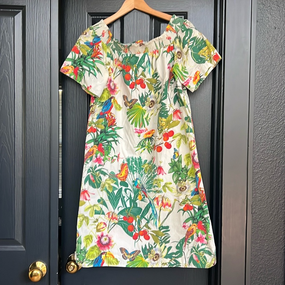 J. Crew Tropical Floral Off-Shoulder Midi Dress in Cream, Green, Red, Pink